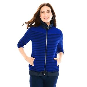 Chicos Zenergy Knit Collection Womens Stripe Mix Jacket Deep Navy Size 3 NWT